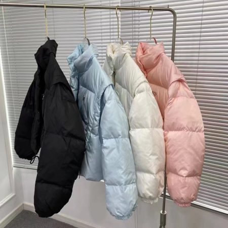 Prada detachable sleeve down jacket. Sizes: S, M, L. Colors: black, blue, white, pink.