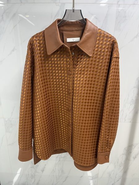Bottega Veneta women's leather jacket with woven details. Colors: blue, caramel, black. Sizes: S, M, L.