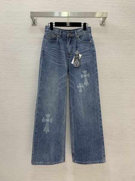 Model D25100957 Chrome Hearts new wide-leg jeans, classic cross print, back logo patch. Sizes S/M/L (M: waist 70cm, length 105cm).