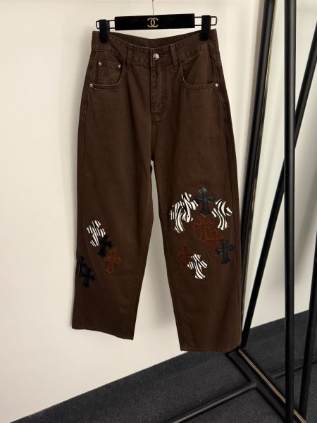 Style 20255715 Chrome Hearts zebra stripe cross embroidered denim pants, brown, S-XL. M: waist 70cm, length 103cm, weight 0.545kg.