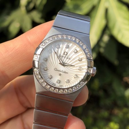Omega Constellation Full Steel Watch, Model 123.15.27.60.55.004. Classic 4th generation with genuine diamonds. 27mm quartz women's watch, sapphire crystal, 316L steel. Limited stock available.