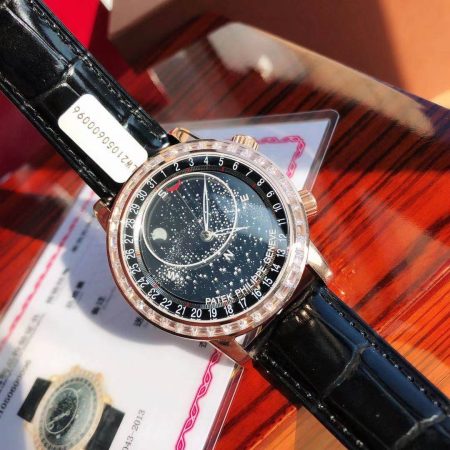 Wholesale Patek Philippe Celestial Watch with automatic movement, blue dial, moon phase, 18k gold-plated case, and sapphire glass.