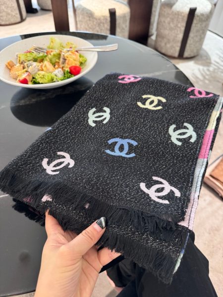 Chanel 24C scarf: soft, double-sided with black base & colorful logo, both with shimmer. 180*70cm.