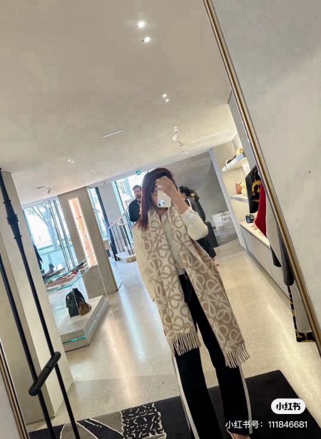 Loewe new wool and mohair scarf in autumn milk tea color. Earth tones, elegant style, tassel ends, soft fabric, leather logo patch.